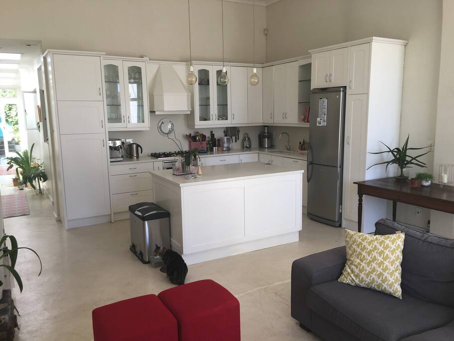 Sunny lounge to kitchen.