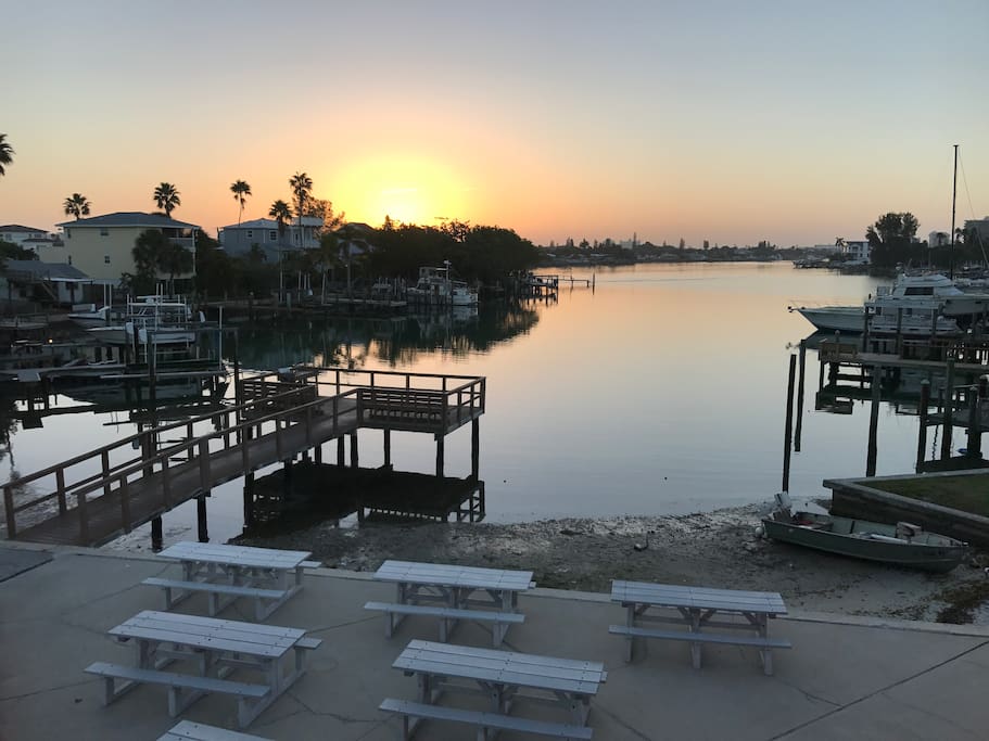 This is the pier and picnic deck at sunrise.