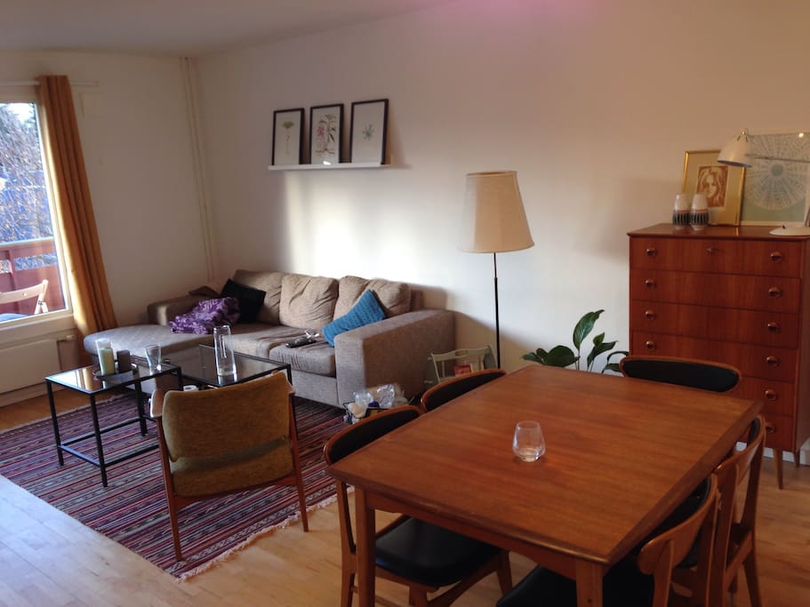 Bright living room with dining table