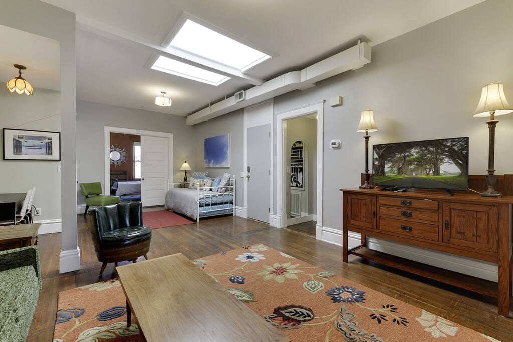 Large 6 ft x 6ft skylight provides loads of natural light. View of daybed with pull-out trundle and larger bedroom in the front of the apartment.