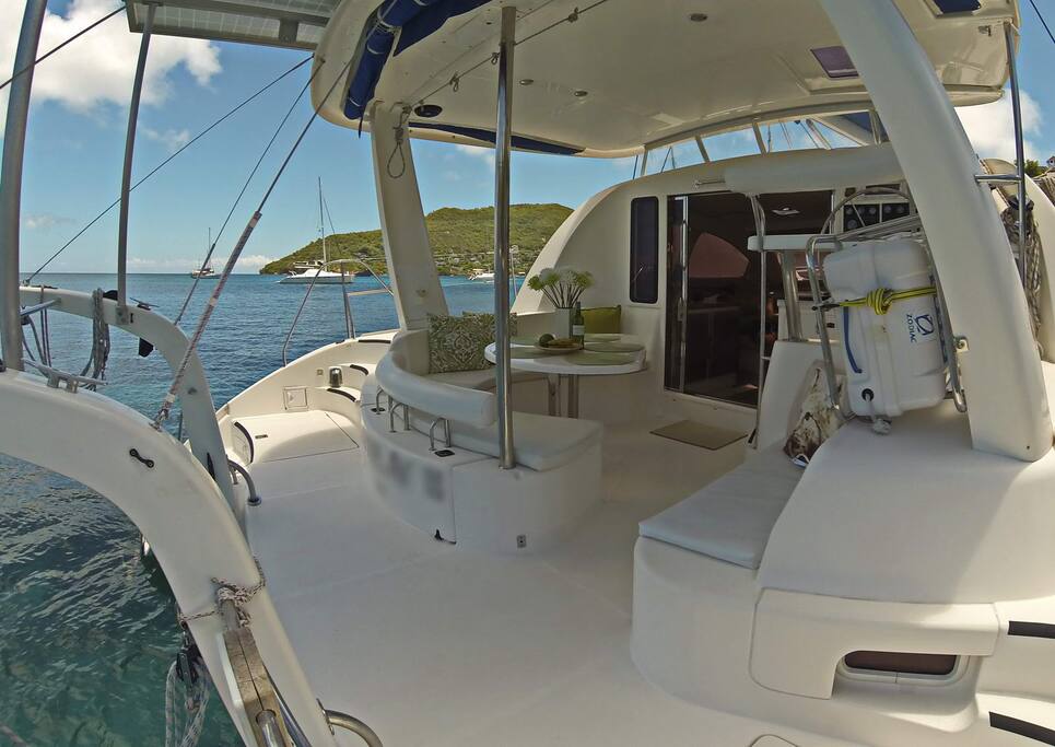 Very spacious cockpit/ terrace with a dining table for 8 person. Meals served here overlooking the Caribbean Sea.