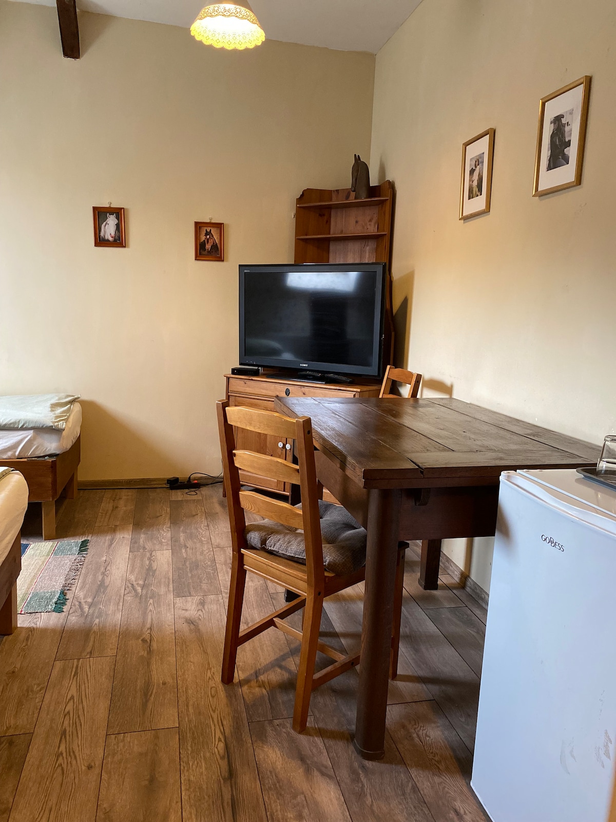 A simple and functional space features a wooden table with two chairs, positioned next to a television on a cabinet. A small refrigerator is visible on the right. The walls are adorned with framed photographs, and natural light illuminates the room through an ambient light fixture.