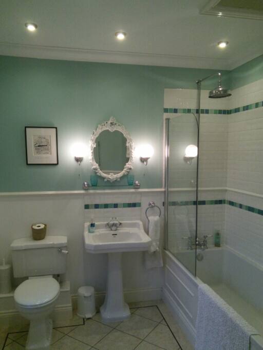 Elegant bathroom with waterfall shower. Toiletries provided.
