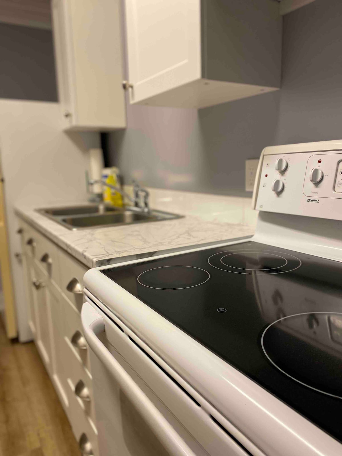 The kitchen features a modern design with a smooth-top electric stove and a white countertop. A double sink is positioned beside the stove, while clean, white cabinetry complements the overall space. Basic kitchen essentials are neatly arranged on the counter.