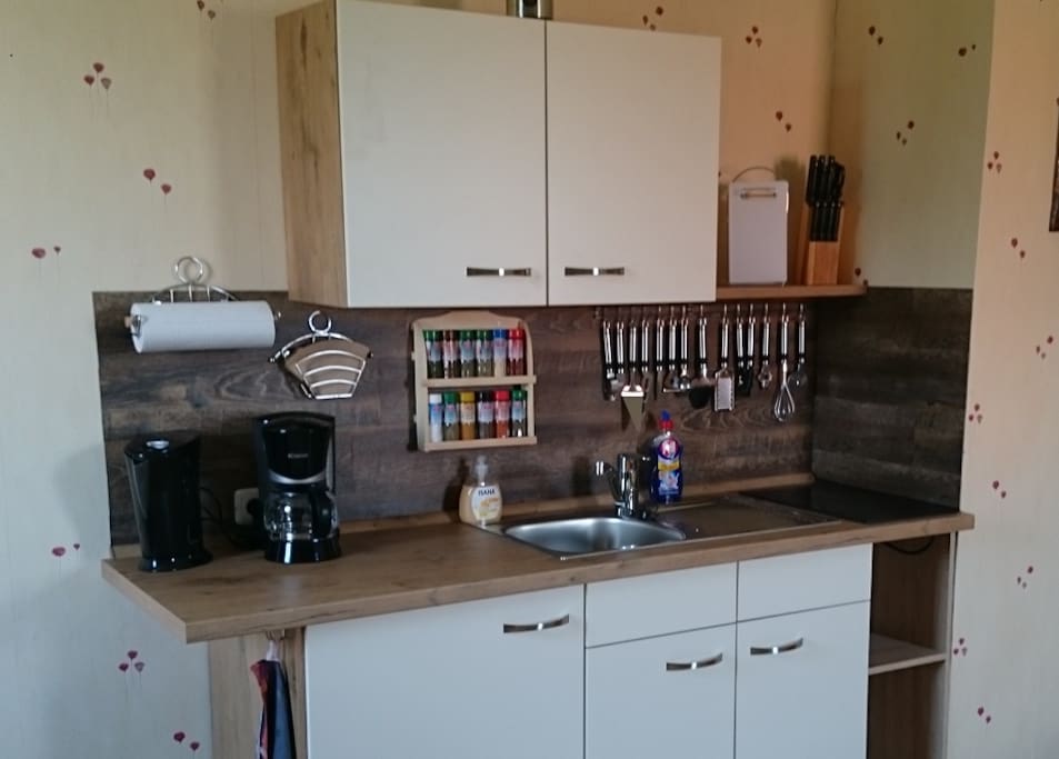 ... zwei Kochplatten, Kühlschrank und Geschirr
