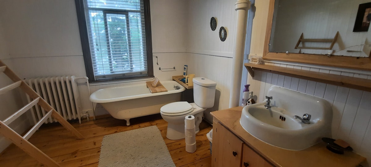 A shared bathroom features a bathtub with a wooden tray, a white toilet, and a sink with a mirror above. Light flows through a window with blinds. A ladder and a soft rug are present on the wooden floor, contributing to a comfortable and functional space.