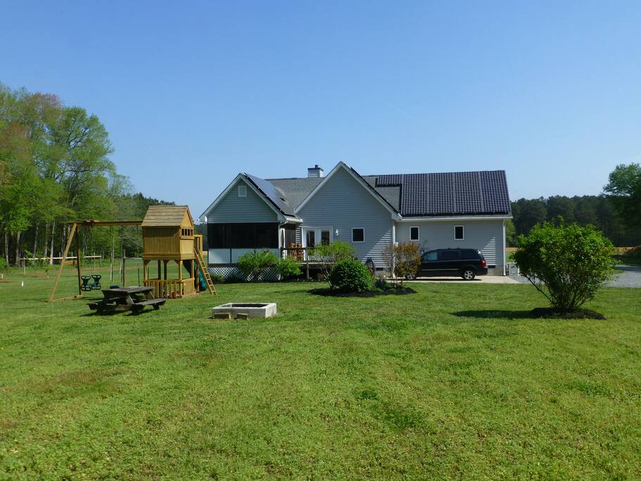 Large back yard with fire pit