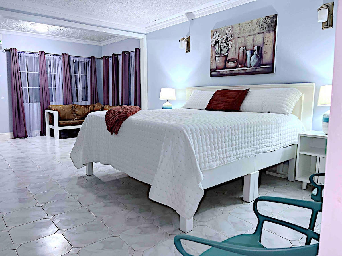 A spacious studio features a comfortable bed with a light-colored coverlet. Adjacent seating is provided with a sofa and small side tables. Natural light fills the room through multiple windows, partially draped with purple curtains, enhancing the calming atmosphere.
