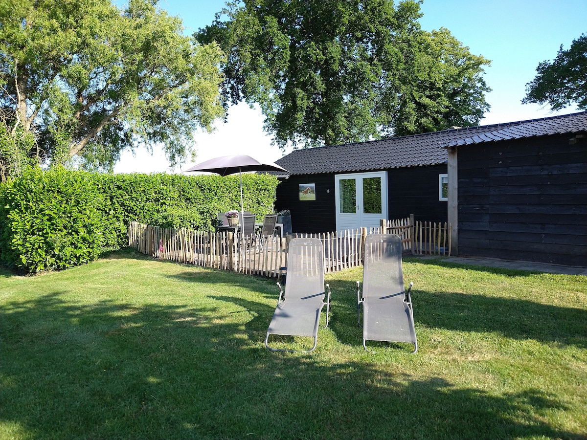 A well-maintained garden area features two lounge chairs positioned on the lush green grass. A shaded patio with a dark umbrella provides a relaxing spot, while surrounding trees and hedges offer privacy. The wooden structure of the accommodation is visible, blending harmoniously with the natural setting.