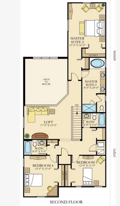 Second floor features one master bedroom, two children's bedrooms, three bathrooms, and a loft area to watch movies and play games.