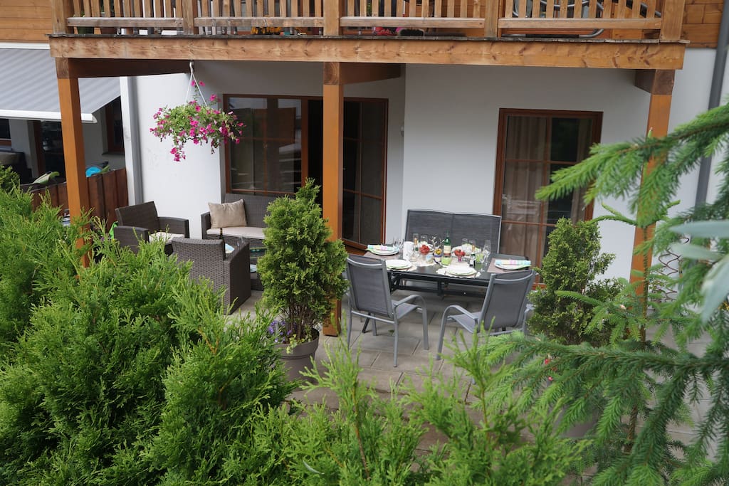 Terrace comfortable for 8 persons.Apartment is on first fllor