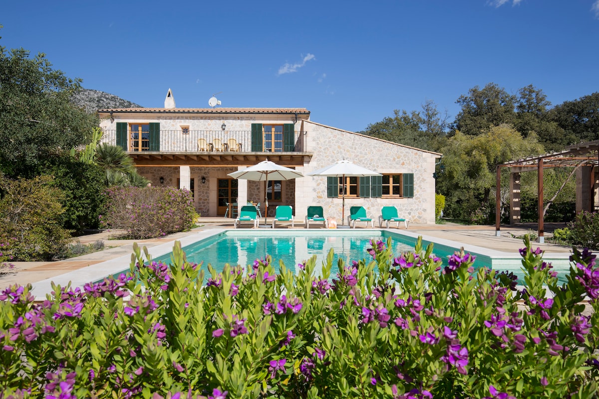 A stone villa is set amidst vibrant gardens featuring purple flowers. The spacious pool, surrounded by sun loungers, reflects the clear blue sky above. Large windows and a covered patio provide views of the outdoor area, creating an inviting atmosphere for relaxation.