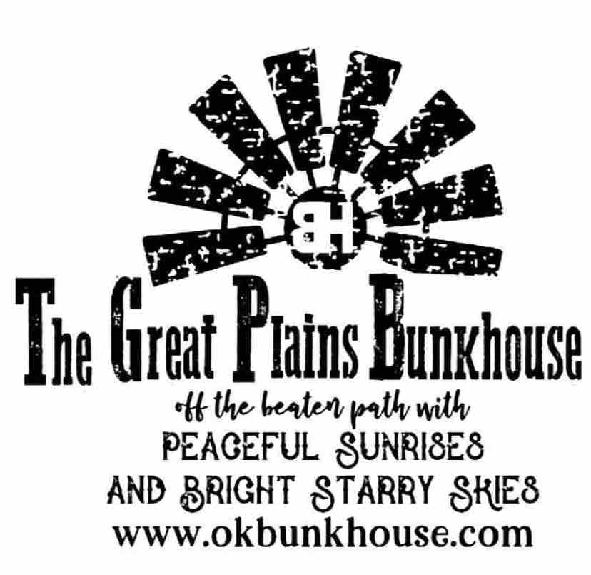 A rustic sign features the name 'The Great Plains Bunkhouse' in bold letters. The graphic includes sun rays and stars, symbolizing peaceful sunrises and bright night skies. The overall design reflects a welcoming atmosphere and highlights the unique charm of the location.
