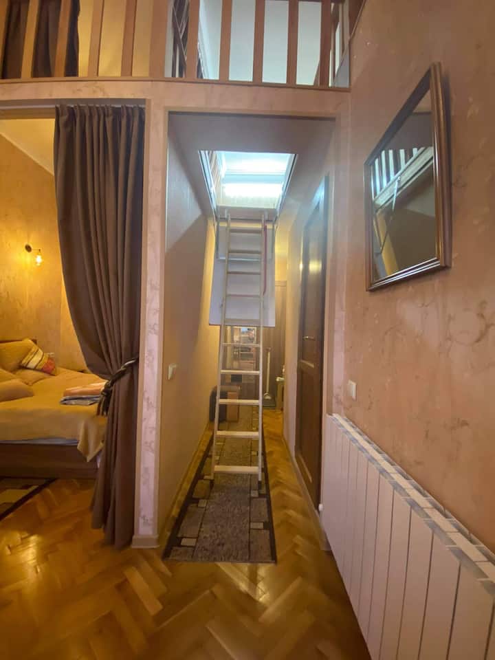 Ngazi ziko juu, ambapo kuna sehemu nyingine ya kulala chini ya dari.    