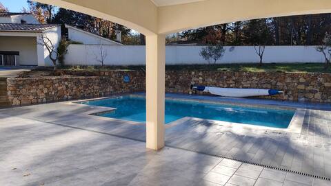 South-facing villa and pool.