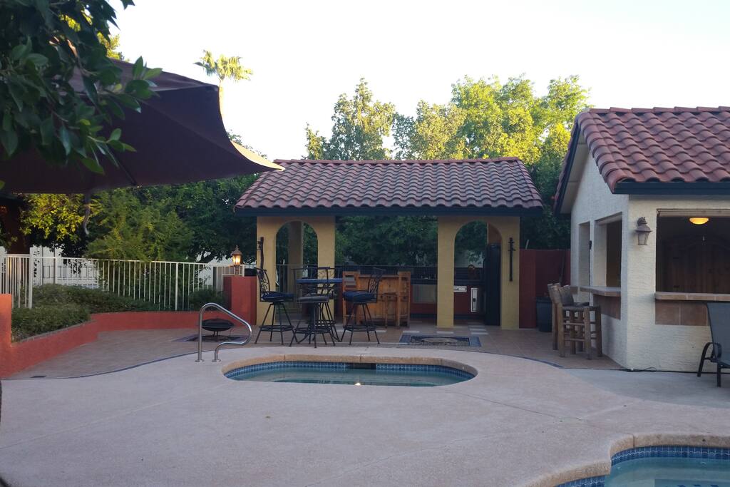 Looking toward the outdoor kitchen and the covered dining room is on the right.