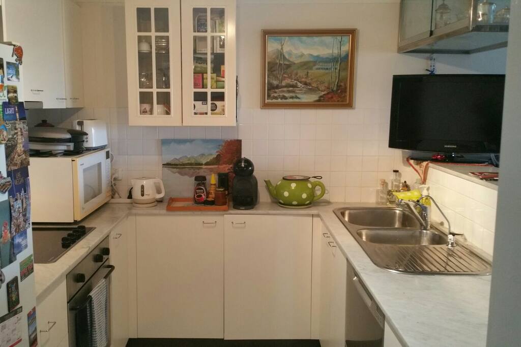 Small, open to living room kitchen