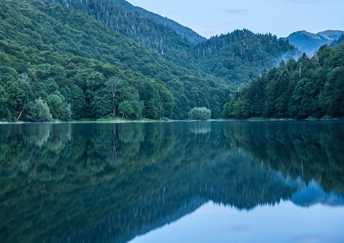 A serene lake is captured at twilight, surrounded by lush green trees that reflect beautifully on the calm water's surface. The distant mountains are faintly visible in the background, creating a harmonious natural scene.