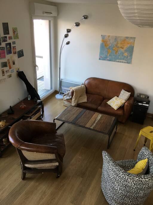 Salon Avec canapé cuir, équipé d'une TV.