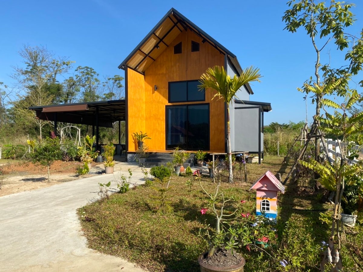 A modern Nordic-style house is set against a clear blue sky, featuring a wooden facade and large windows. Surrounding greenery includes a variety of plants and trees. A colorful small playhouse is visible to the right, adding charm to the outdoor area.