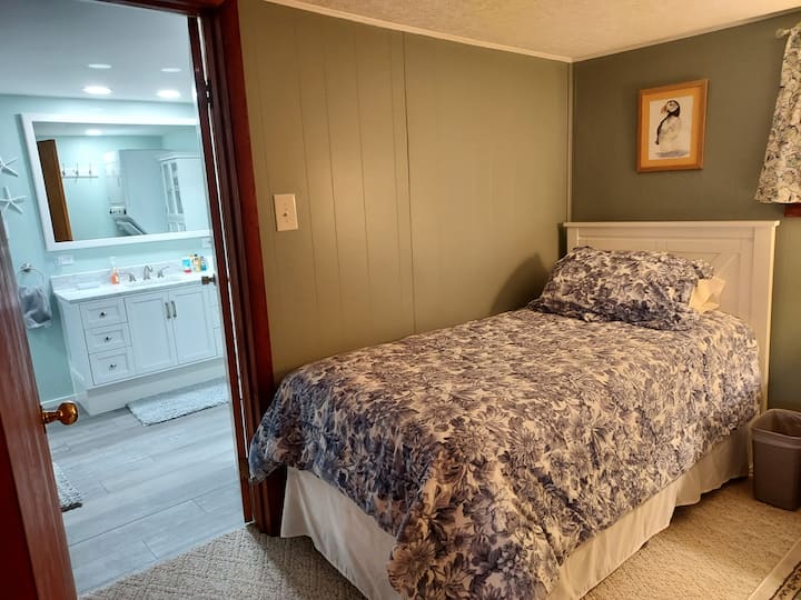 Middle bedroom with two twin beds off the second bathroom