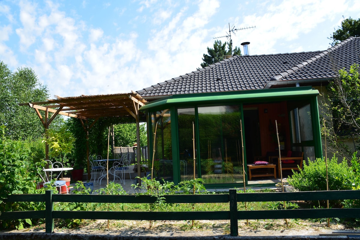The exterior of the house features a covered terrace with a wooden structure, providing shade and an inviting area for relaxation. Large glass windows allow natural light to fill the living space, while a garden surrounds the home, showcasing greenery and outdoor seating.