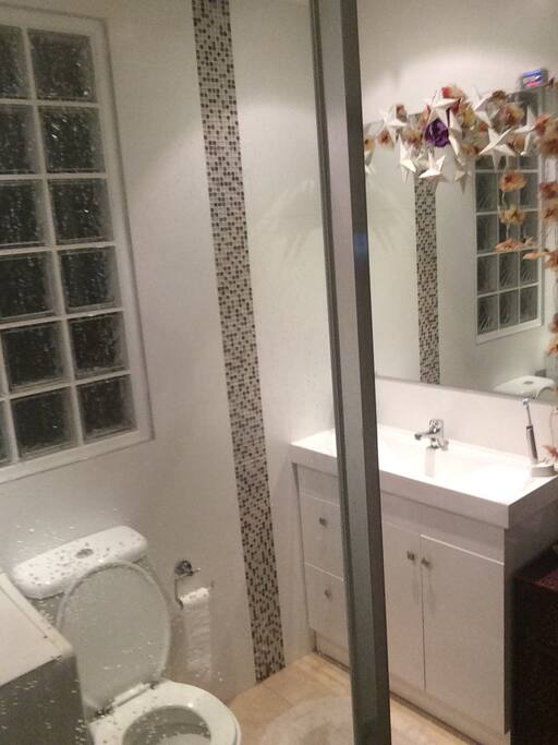 Small but clean, modern bathroom. Shower and laundry facilities.