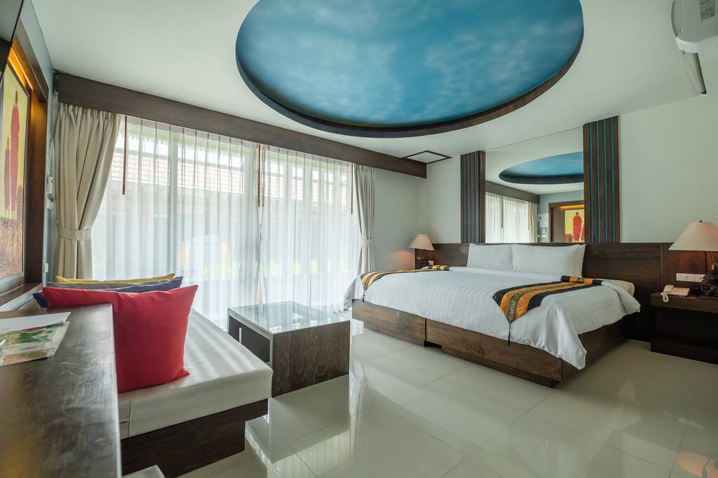 Extra large king size bed or you can request for twin