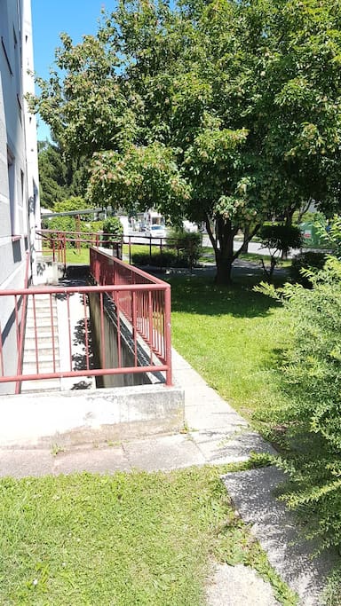 Vom Parkplatz führt rechts neben dem Haus ein schmaler Weg zum Haupteingang
A small path is leading on the right side of the building - there you will find the main entrance