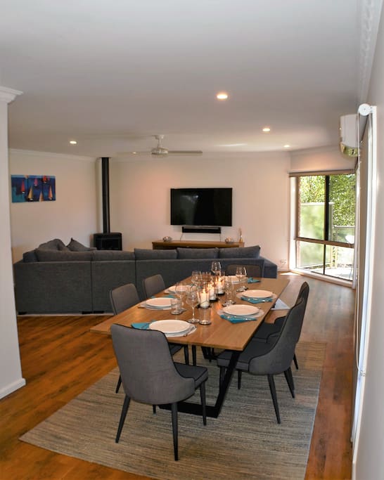 Open flow from Kitchen to Dining to Living area
