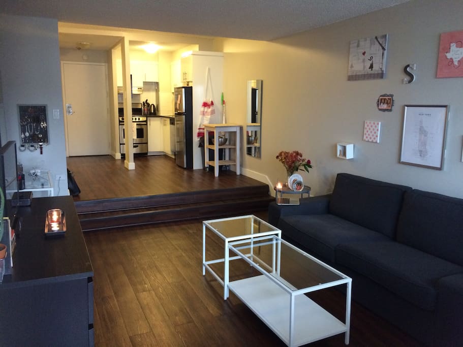 This spacious studio feels very comfortable and large with a beautiful view of downtown Montreal