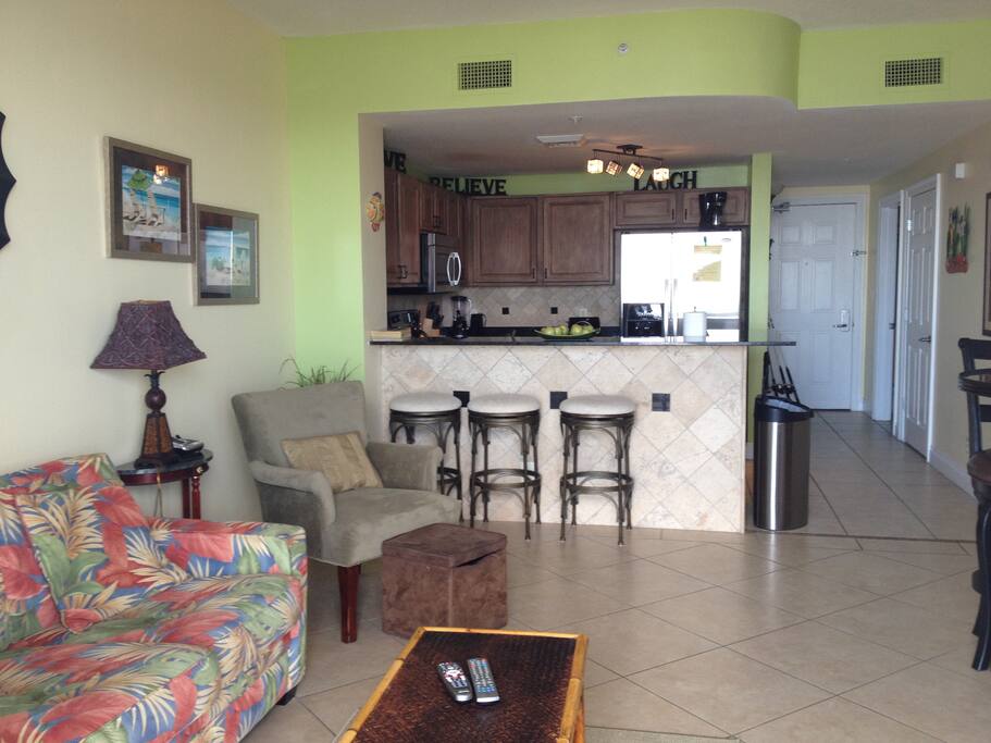 View of the living room into the kitchen,