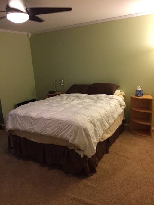 Queen bed in the main bedroom. Nightstand, alarm clock, desk lamp, the works.
