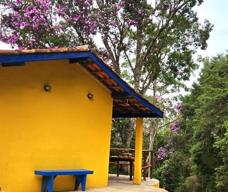 A corner of the yellow house is shown, featuring a blue table placed on a concrete patio. Lush greenery and the vibrant purple blooms of flowering trees are visible in the background, adding to the natural setting.