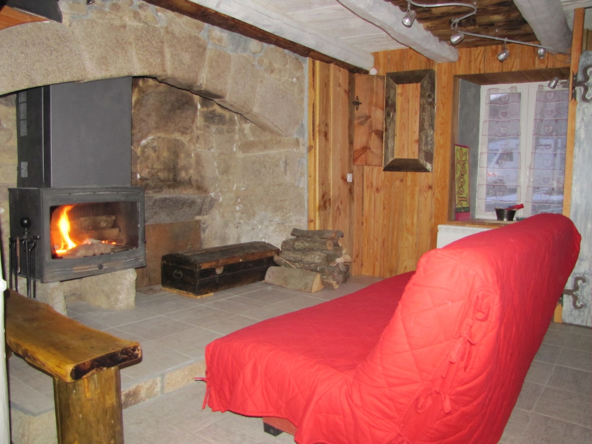 A cozy living area features a stone fireplace with a warm flame, set against rustic wooden walls. A red sofa bed is positioned in front, complemented by a wooden bench and stacked logs for the fire. Natural light enters through a nearby window.