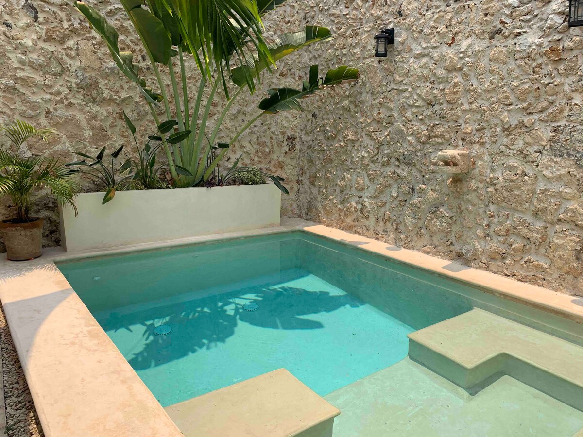 A private pool is surrounded by restored stone walls, offering a serene environment. Tropical plants are placed nearby, adding greenery to the setting. Sunlight reflects off the water's surface, highlighting the inviting hue of the pool.