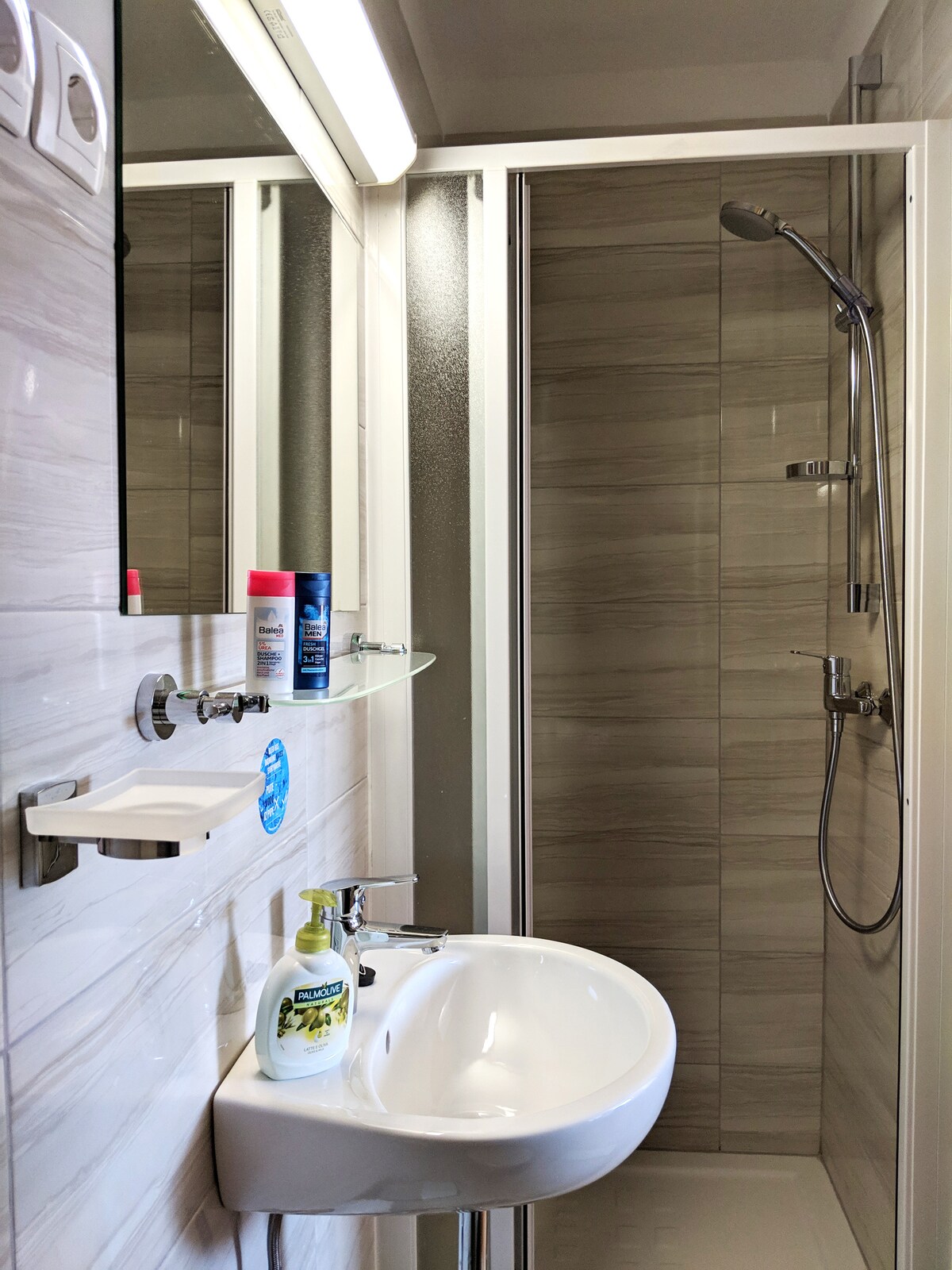 The private bathroom features a walk-in shower with a glass enclosure and modern fixtures. A sink with a smooth, curved basin is positioned next to a wall-mounted shelf. Personal care products are neatly arranged on the ledge, alongside a bottle of disinfectant for guest use.