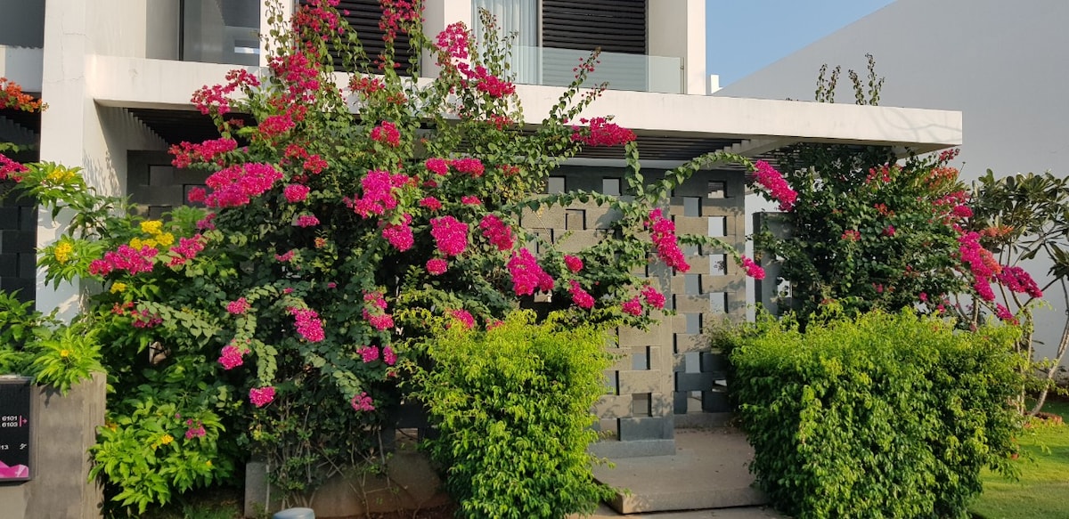 A welcoming entrance is framed by vibrant bougainvillea blossoms in shades of pink and purple, surrounded by lush greenery. The architecture features a blend of stone and modern design elements, creating an inviting first impression for guests.