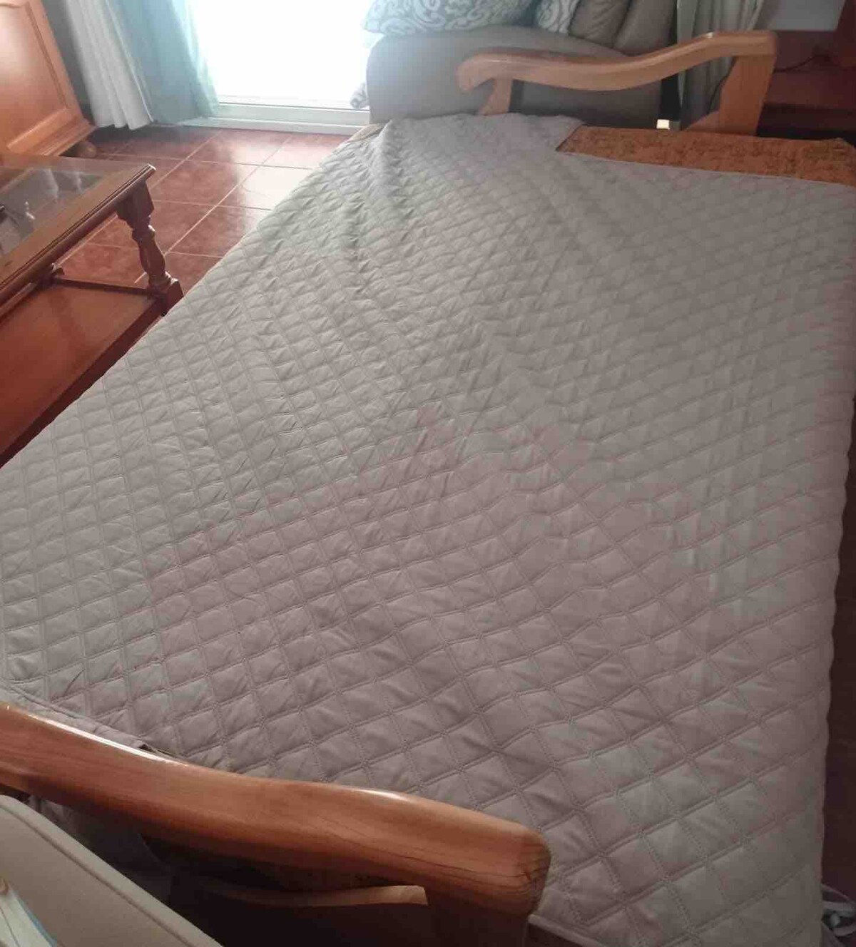 A cozy sofa bed is showcased, covered with a light grey quilt featuring a diamond pattern. This area is complemented by wooden armrests and a glass coffee table nearby. Natural light is visible through a partially open sliding door in the background.