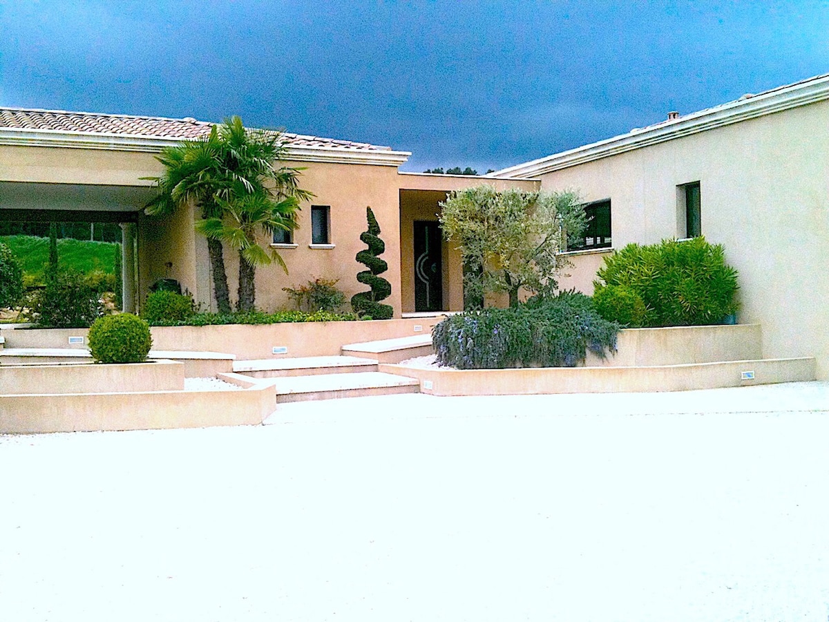 The entrance to the property features a modern facade with smooth lines and well-maintained landscaping. Symmetrical gardens with manicured shrubs and palm trees frame the steps leading to the main door, which is highlighted by decorative stone pathways.