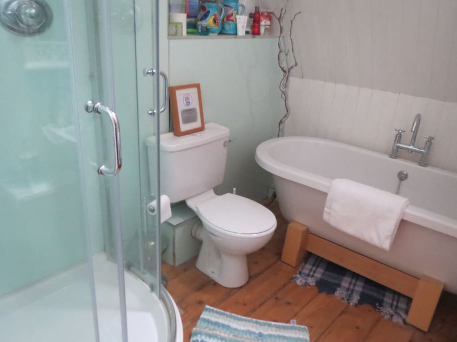 Guests double bathroom with Power shower and Roll top bath!