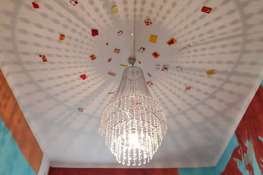 The chandelier in the living room