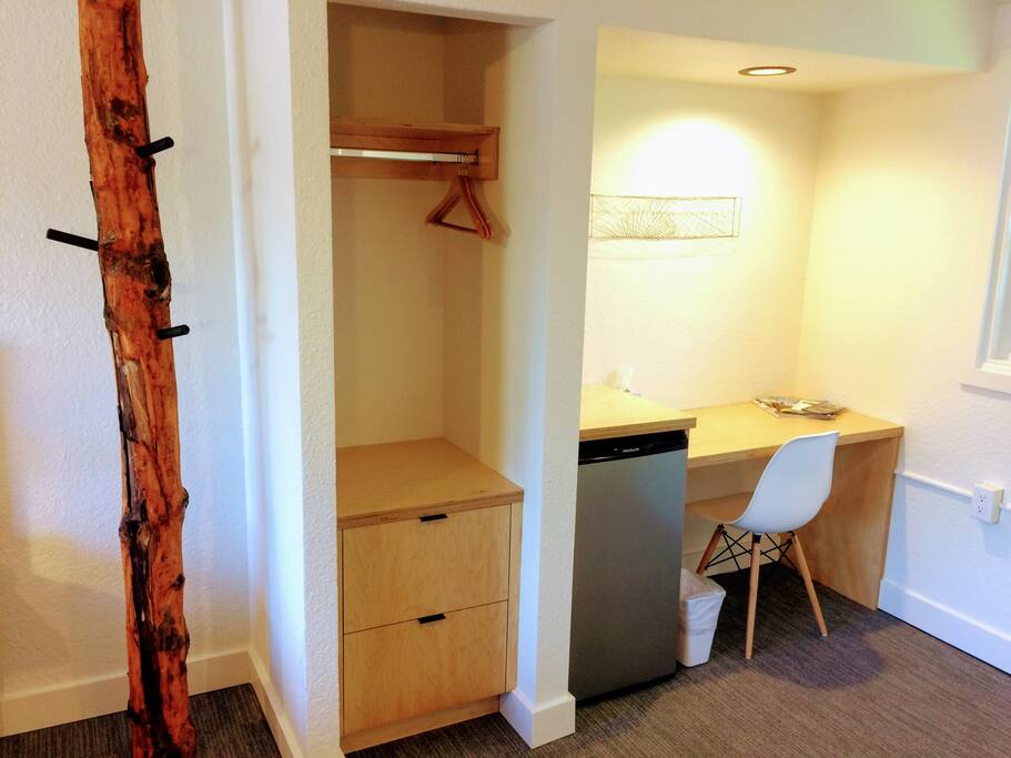 Custom built cabinetry and desk by Smith & Vallee Woodworks, mini-fridge