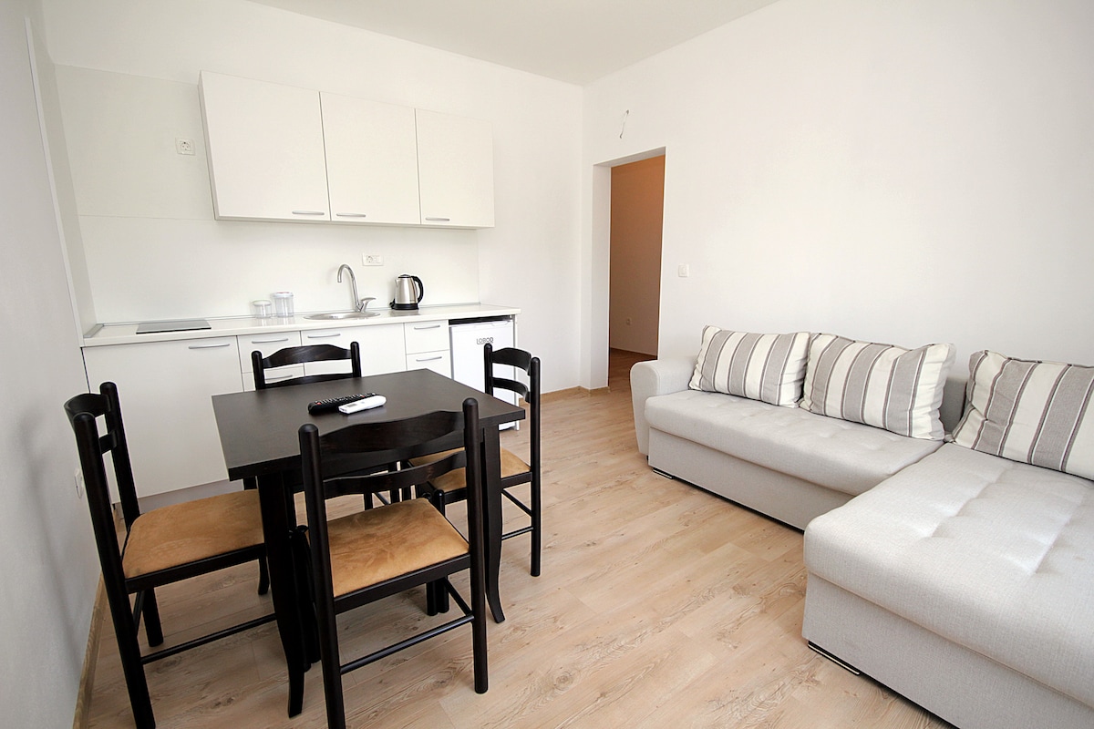 A bright and modern living space features a light-colored sofa with decorative cushions, paired with a black dining table surrounded by four chairs. A minimalist kitchen area is visible, equipped with essential appliances, including a kettle. Natural light enhances the airy feel of the room.