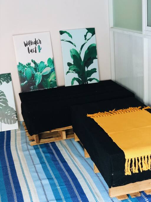 Another picture about the living room, if you want, you can arrange the position of the pallet chair that made by me :).