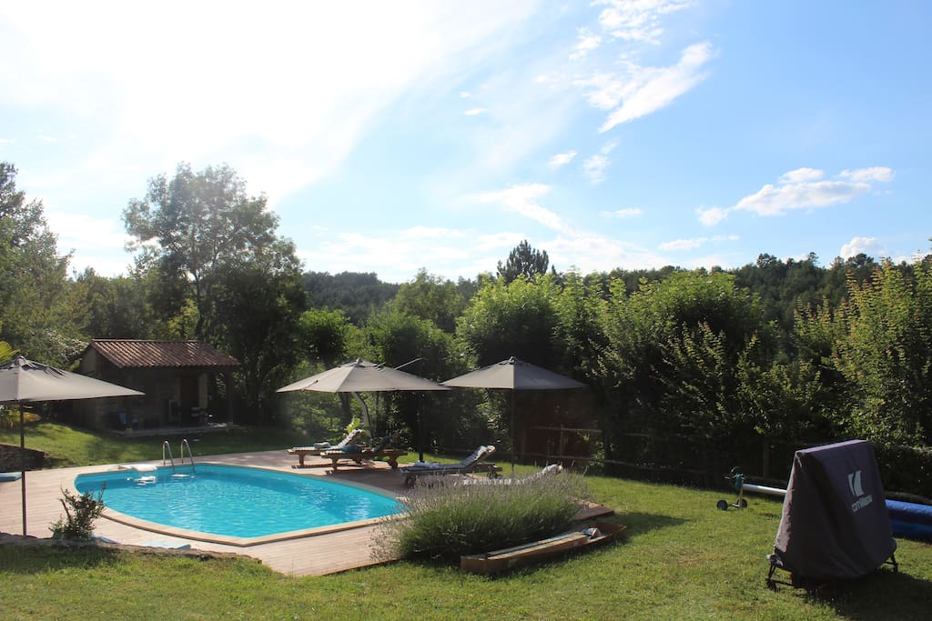La pool house au fond est un lieu de repos à l'ombre