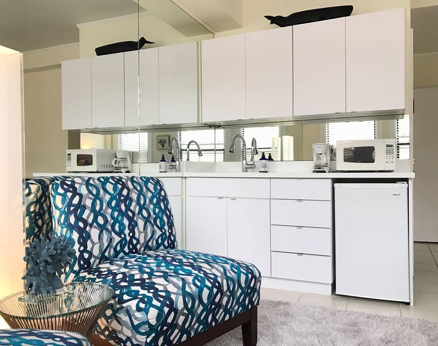 Kitchenette--Fridge & Microwave & Coffee Maker & Sink.