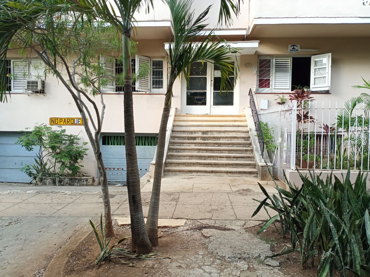 An entrance to a multi-story building is depicted, featuring a set of stairs leading to glass double doors. Tropical plants and palm trees frame the pathway, with a white railing outlining the entrance. Parking spaces are visible in the background, indicated by signs.