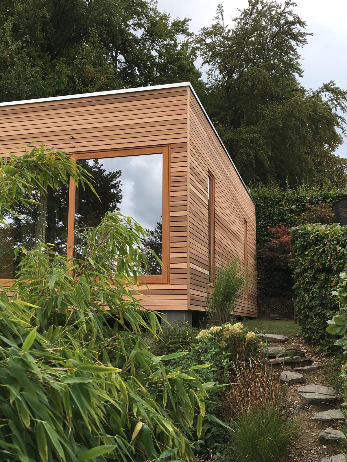 The modern cabin features a wooden exterior with large windows reflecting the surrounding greenery. A stone path leads up to the structure, bordered by lush plants and shrubs, creating a serene environment that blends harmoniously with nature.