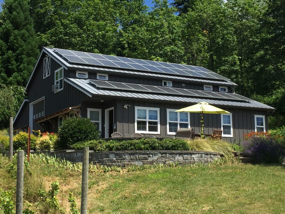 View of solar home and patio